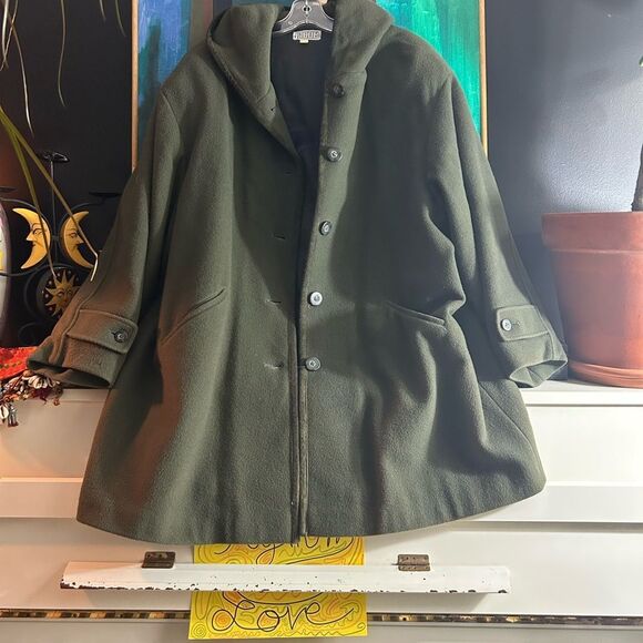 Vintage Y2K 2000s Jacob Olive Hooded Wool Trench Coat L - Picture 8 of 14